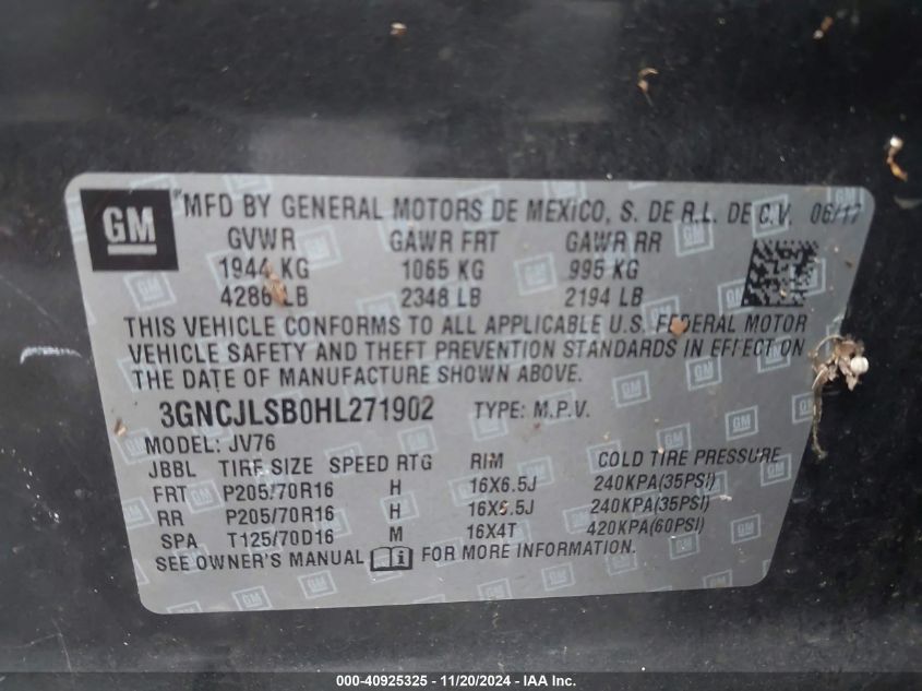 VIN 3GNCJLSB0HL271902 2017 CHEVROLET TRAX LT