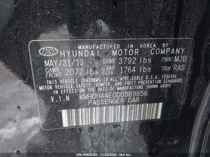 2013 Hyundai Elantra Gls VIN: KMHDH4AE0DU889856 Lot: 40925326