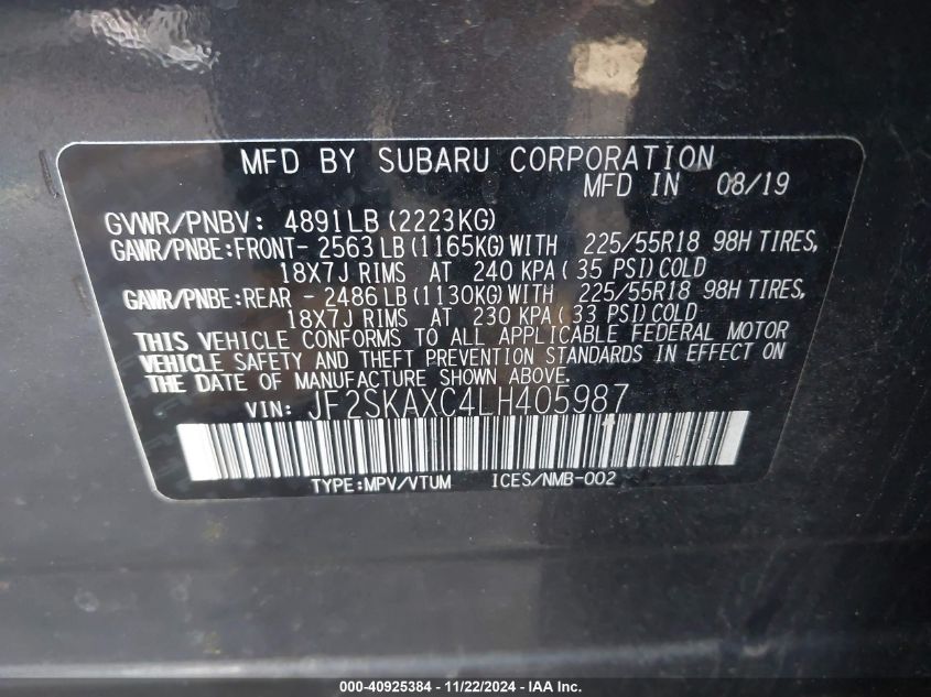 2020 Subaru Forester Touring VIN: JF2SKAXC4LH405987 Lot: 40925384