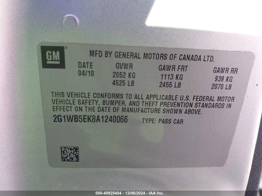 2010 CHEVROLET IMPALA VIN: 2G1WB5EK8A1240066