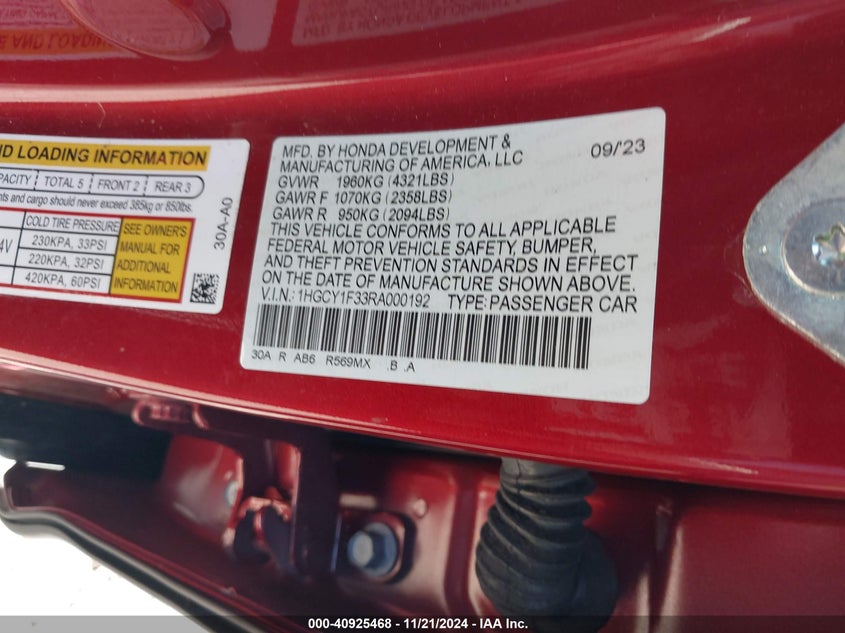 2024 HONDA ACCORD VIN: 1HGCY1F33RA000192