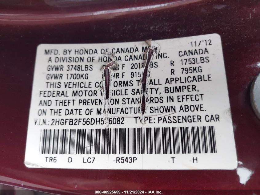 2013 HONDA CIVIC VIN: 2HGFB2F56DH506082