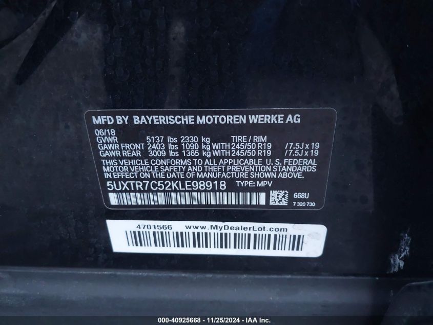 VIN 5UXTR7C52KLE98918 2019 BMW X3, Sdrive30I no.9