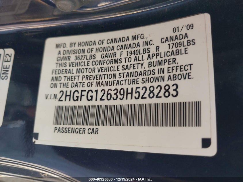 2009 Honda Civic Lx VIN: 2HGFG12639H528283 Lot: 40925680