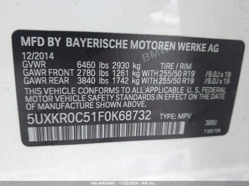 VIN 5UXKR0C51F0K68732 2015 BMW X5, Xdrive35I no.9