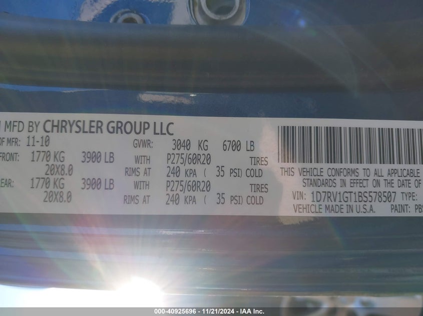 2011 RAM RAM 1500 VIN: 1D7RV1GT1BS578507