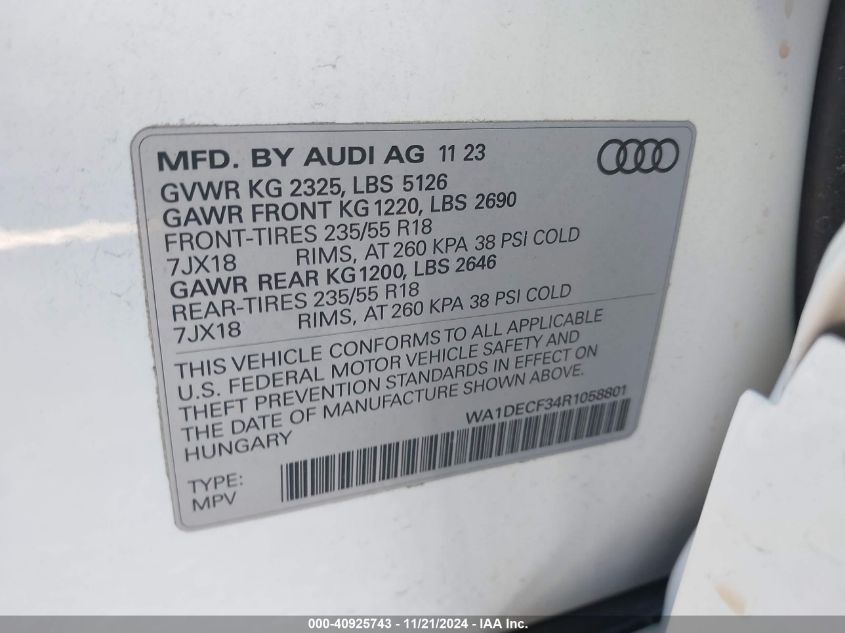 2024 Audi Q3 Premium 45 Tfsi S Line Quattro Tiptronic VIN: WA1DECF34R1058801 Lot: 40925743