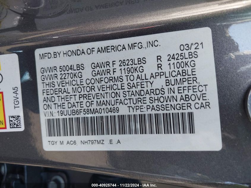 2021 Acura Tlx A-Spec Package VIN: 19UUB6F58MA010469 Lot: 40925744