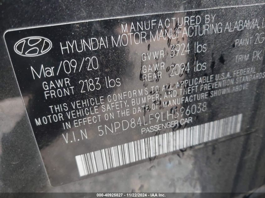 2020 Hyundai Elantra Sel VIN: 5NPD84LF9LH596038 Lot: 40925827