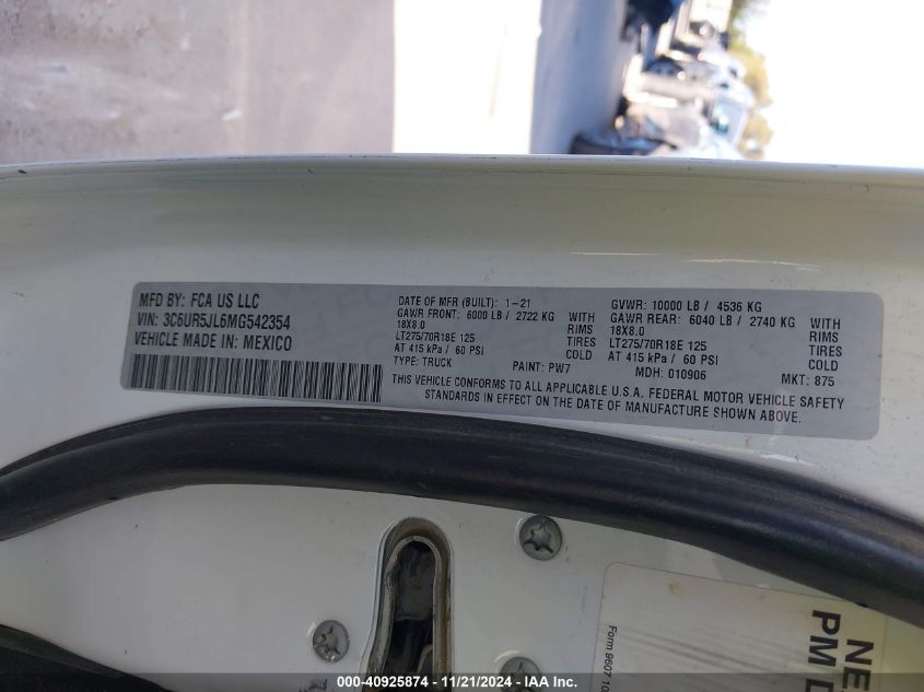 2021 RAM 2500 6.7L I-6 DI, TURBO, (VIN: 3C6UR5JL6MG542354