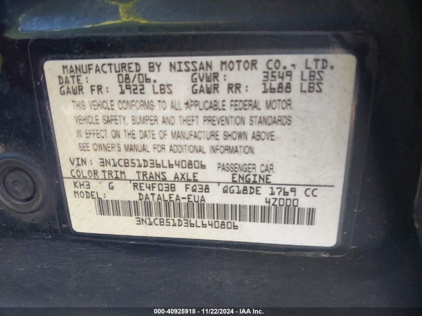 2006 Nissan Sentra 1.8S VIN: 3N1CB51D36L640806 Lot: 40925918