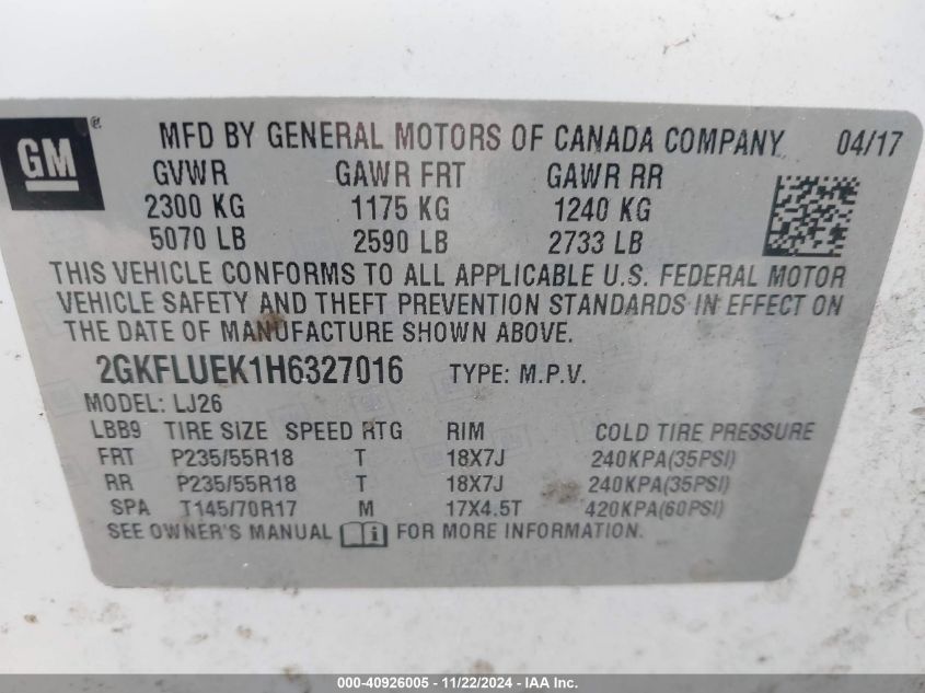 VIN 2GKFLUEK1H6327016 2017 GMC Terrain, Slt no.9