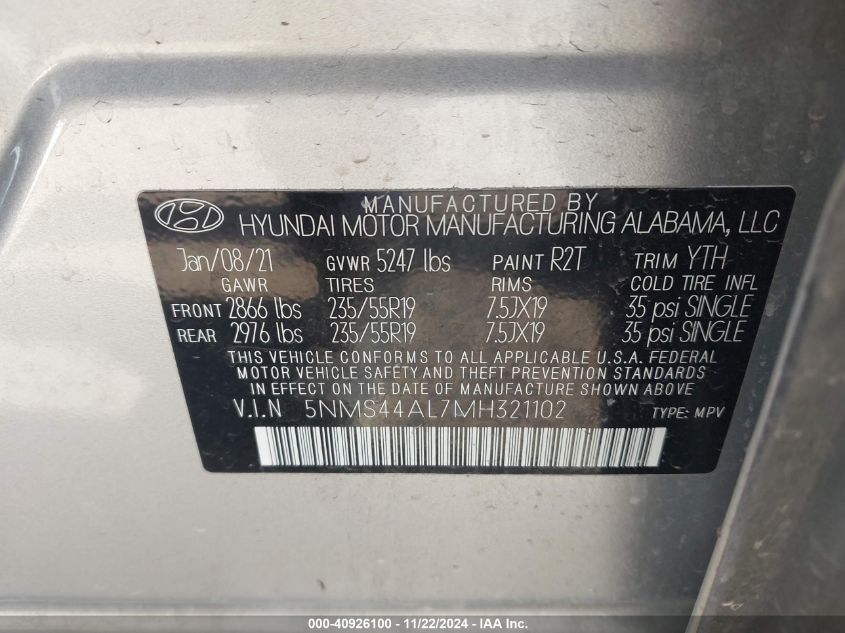 2021 Hyundai Santa Fe Limited VIN: 5NMS44AL7MH321102 Lot: 40926100