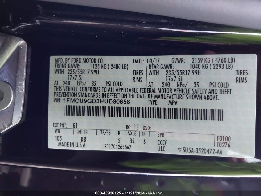 VIN 1FMCU9GD3HUD80658 2017 Ford Escape, SE no.9