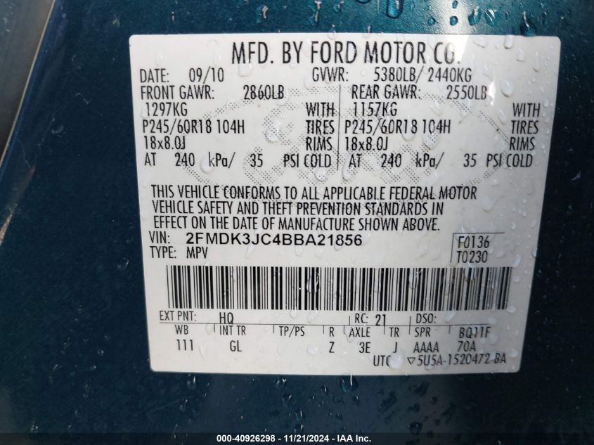 Image 9 of 2011 Ford Edge  salvage vehicle - Lot #40926298 at IAAI