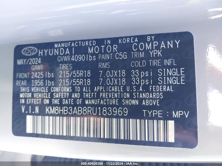 VIN KM8HB3AB8RU183969 2024 Hyundai Kona, Sel no.9