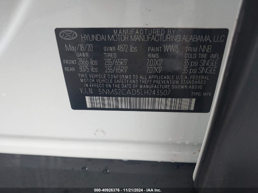 VIN 5NMS2CAD5LH243507 2020 Hyundai Santa Fe, SE no.9