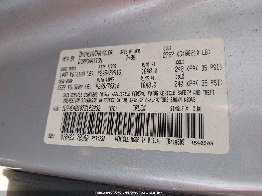 2007 Dodge Dakota Slt VIN: 1D7HE48K07S103232 Lot: 40926522