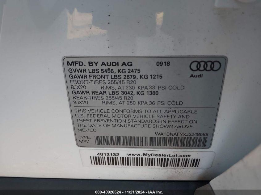 2018 Audi Q5 2.0T Premium VIN: WA1BNAFYXJ2248589 Lot: 40926524