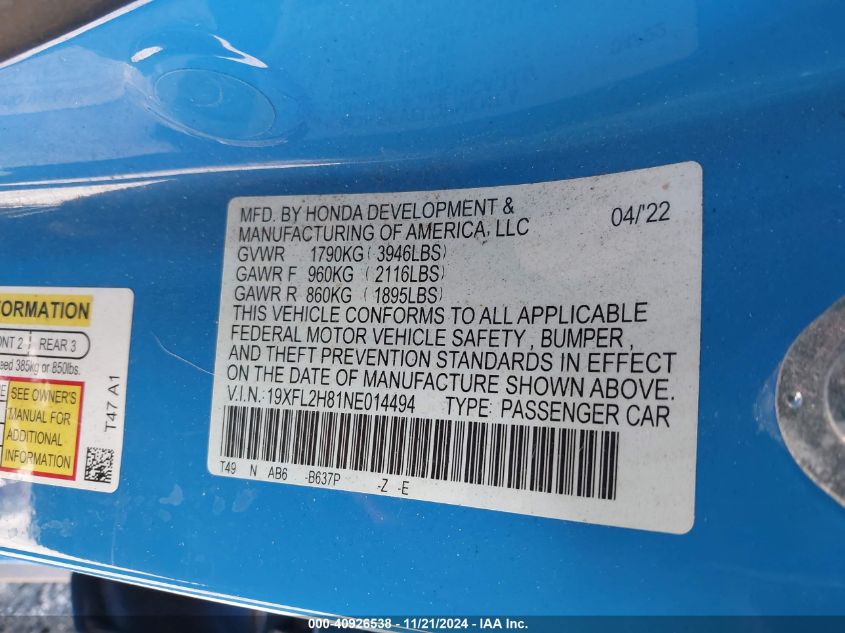 VIN 19XFL2H81NE014494 2022 HONDA CIVIC no.9