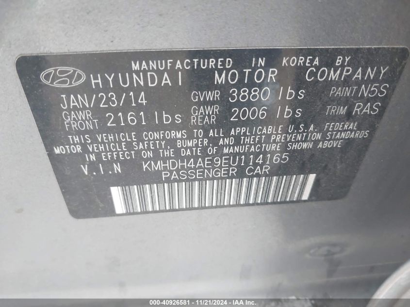 2014 Hyundai Elantra Se VIN: KMHDH4AE9EU114165 Lot: 40926581