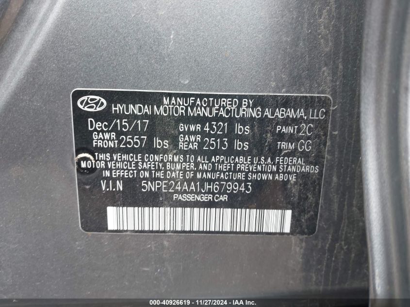 VIN 5NPE24AA1JH679943 2018 Hyundai Sonata, Eco no.9