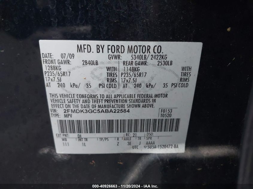 2010 Ford Edge Se VIN: 2FMDK3GC5ABA22584 Lot: 40926663