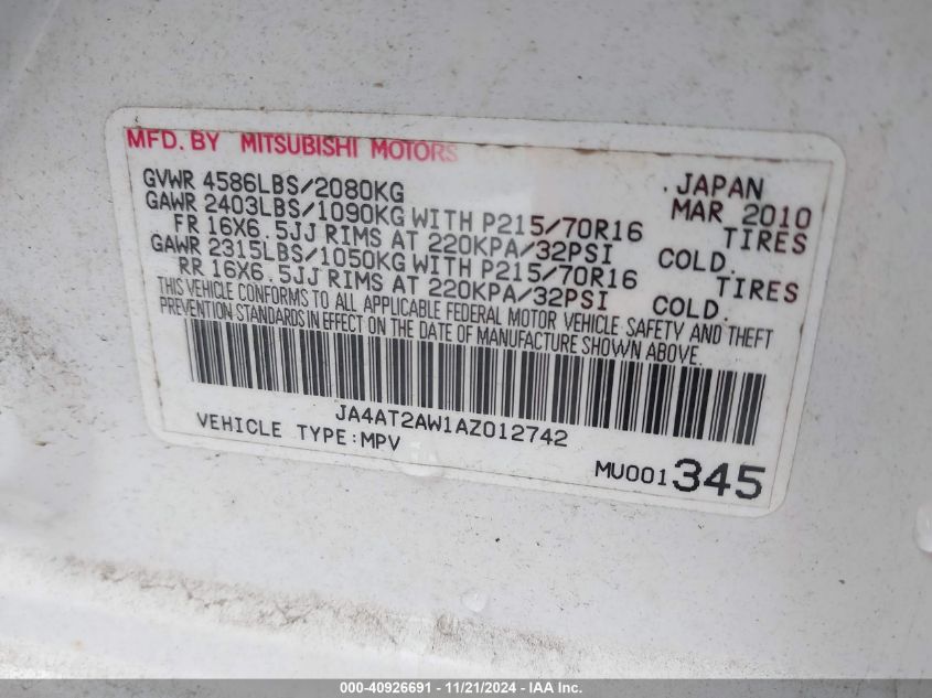 2010 Mitsubishi Outlander Es VIN: JA4AT2AW1AZ012742 Lot: 40926691