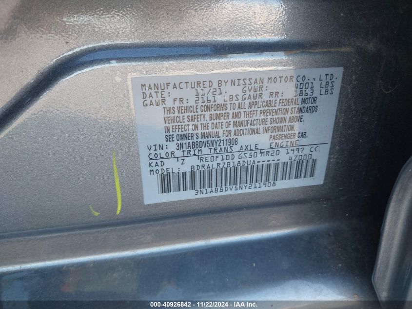 2022 Nissan Sentra Sr Xtronic Cvt VIN: 3N1AB8DV5NY211908 Lot: 40926842