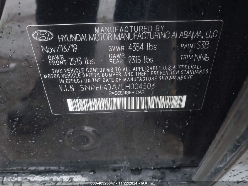 2020 Hyundai Sonata Sel VIN: 5NPEL4JA7LH004503 Lot: 40926847