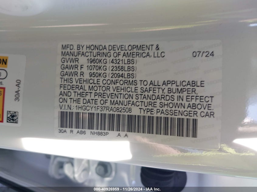 2024 HONDA ACCORD VIN: 1HGCY1F37RA082508