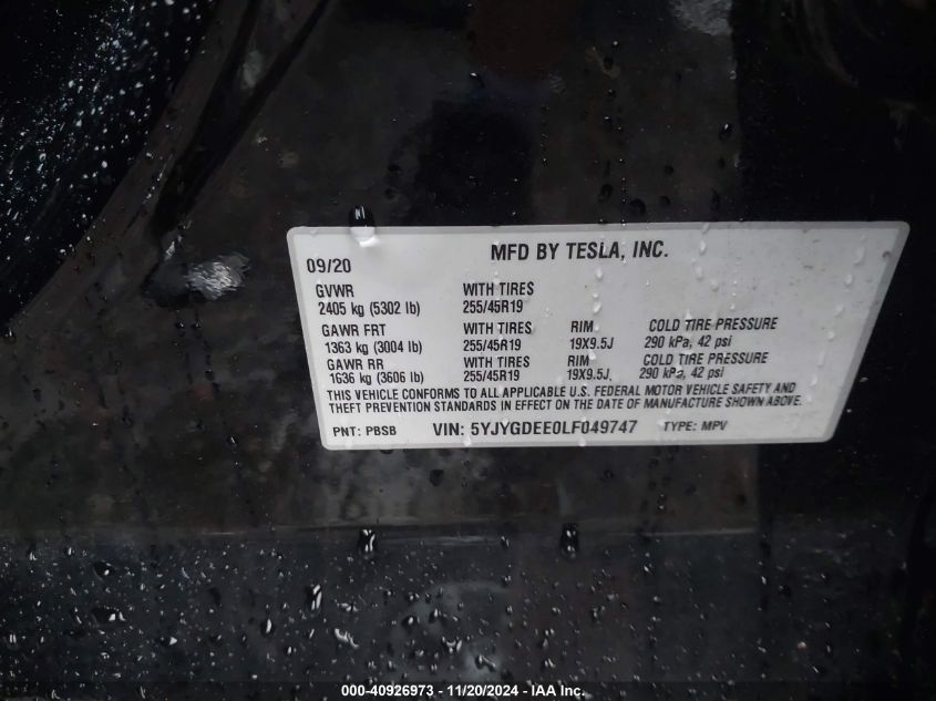 2020 Tesla Model Y Long Range Dual Motor All-Wheel Drive VIN: 5YJYGDEE0LF049747 Lot: 40926973