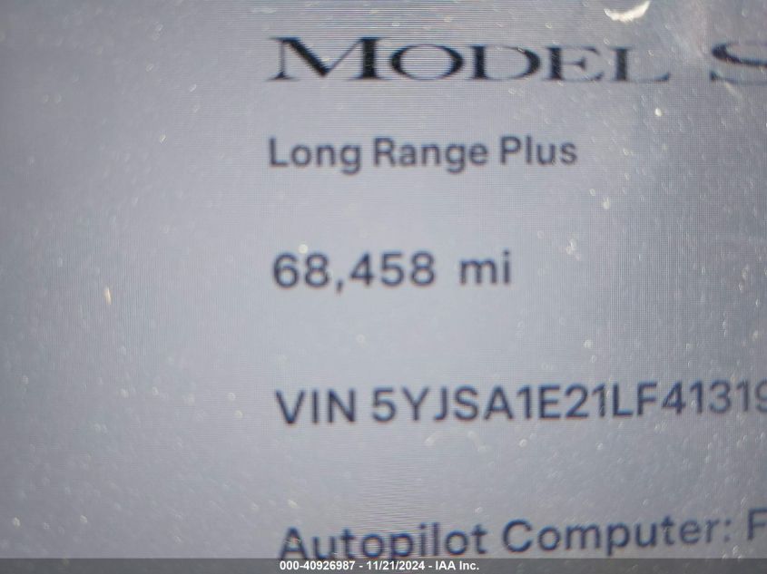 2020 Tesla Model S Long Range Dual Motor All-Wheel Drive/Long Range Plus Dual Motor All-Wheel Drive VIN: 5YJSA1E21LF413198 Lot: 40926987