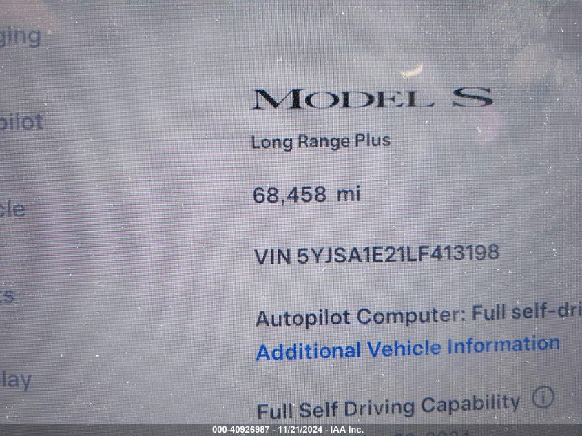 2020 Tesla Model S Long Range Dual Motor All-Wheel Drive/Long Range Plus Dual Motor All-Wheel Drive VIN: 5YJSA1E21LF413198 Lot: 40926987