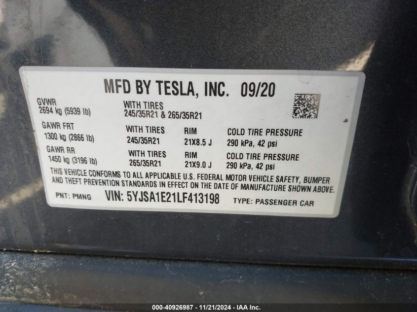 2020 Tesla Model S Long Range Dual Motor All-Wheel Drive/Long Range Plus Dual Motor All-Wheel Drive VIN: 5YJSA1E21LF413198 Lot: 40926987