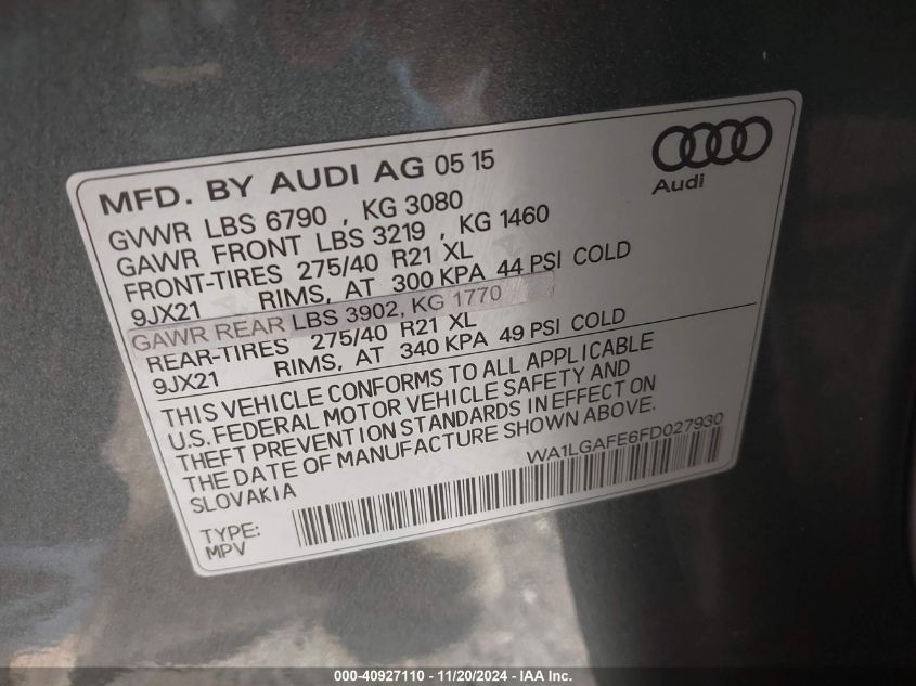 2015 Audi Q7 3.0T Premium VIN: WA1LGAFE6FD027930 Lot: 40927110