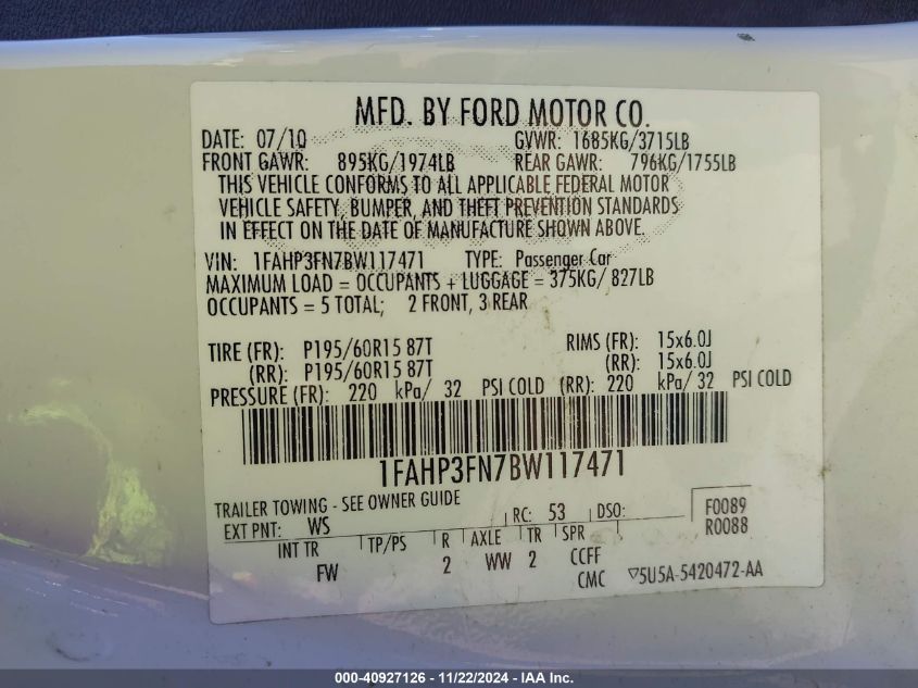 2011 Ford Focus Se VIN: 1FAHP3FN7BW117471 Lot: 40927126