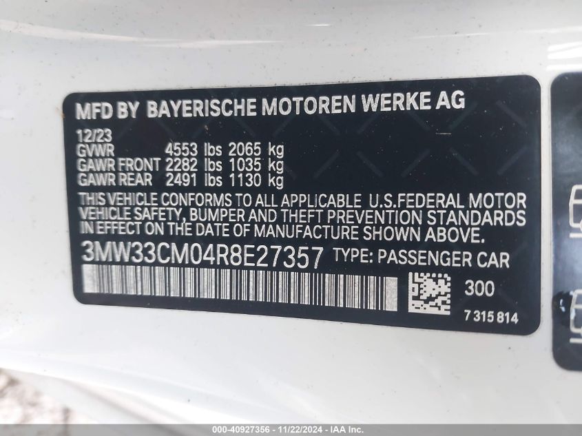 2024 BMW 230 I xDrive VIN: 3MW33CM04R8E27357 Lot: 40927356