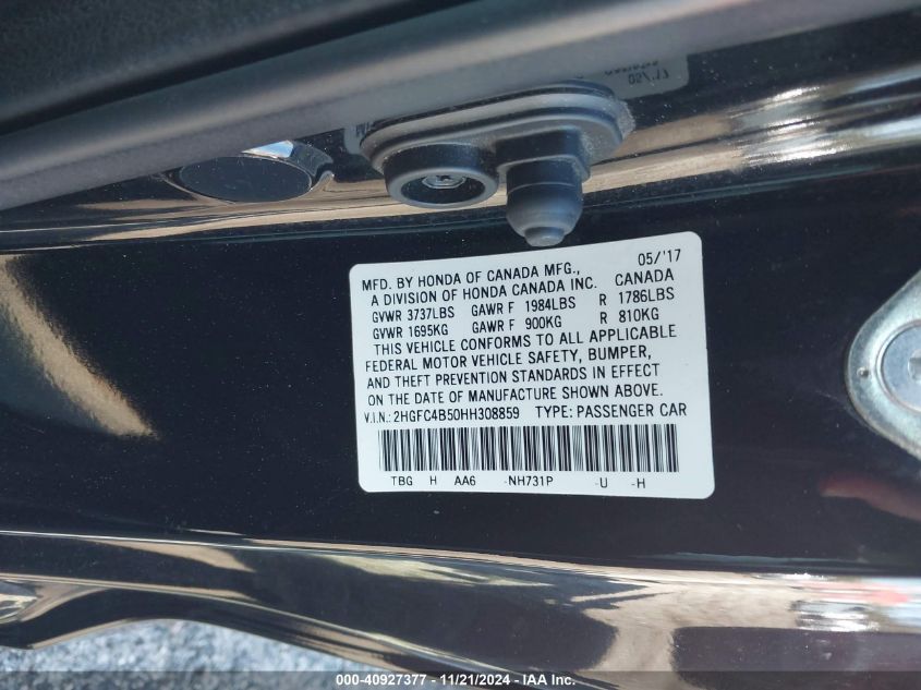 2017 HONDA CIVIC VIN: 2HGFC4B50HH308859