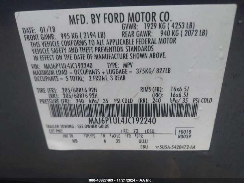 2018 Ford Ecosport Se VIN: MAJ6P1UL4JC192240 Lot: 40927469