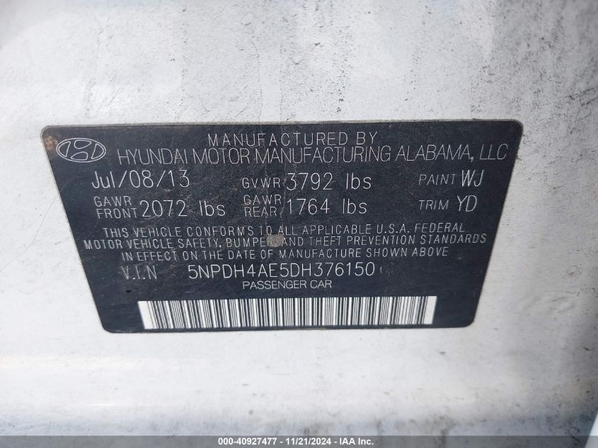 2013 Hyundai Elantra Gls VIN: 5NPDH4AE5DH376150 Lot: 40927477