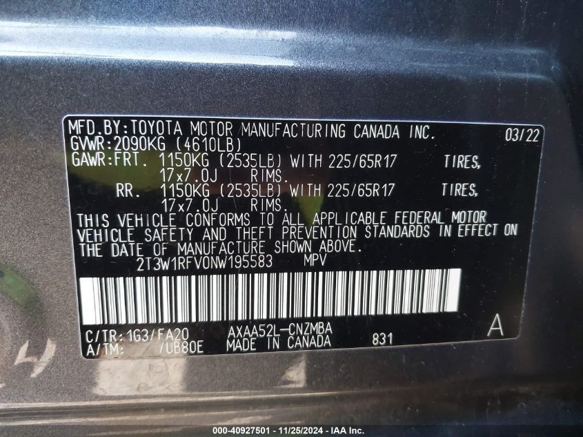 2022 Toyota Rav4 Xle VIN: 2T3W1RFV0NW195583 Lot: 40927501