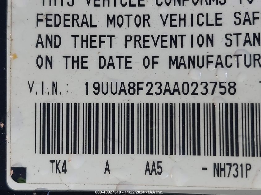 2010 Acura Tl 3.5 VIN: 19UUA8F23AA023758 Lot: 40927519