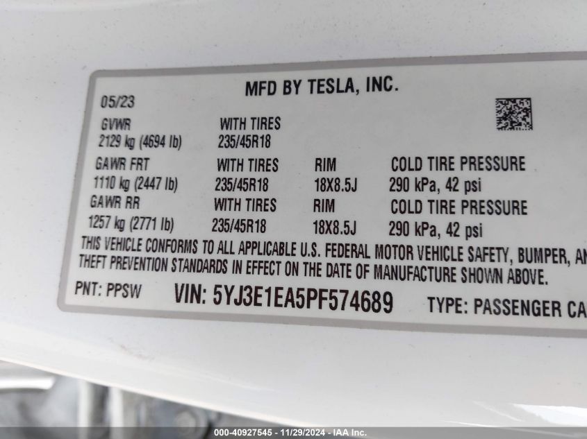 VIN 5YJ3E1EA5PF574689 2023 TESLA MODEL 3 no.9