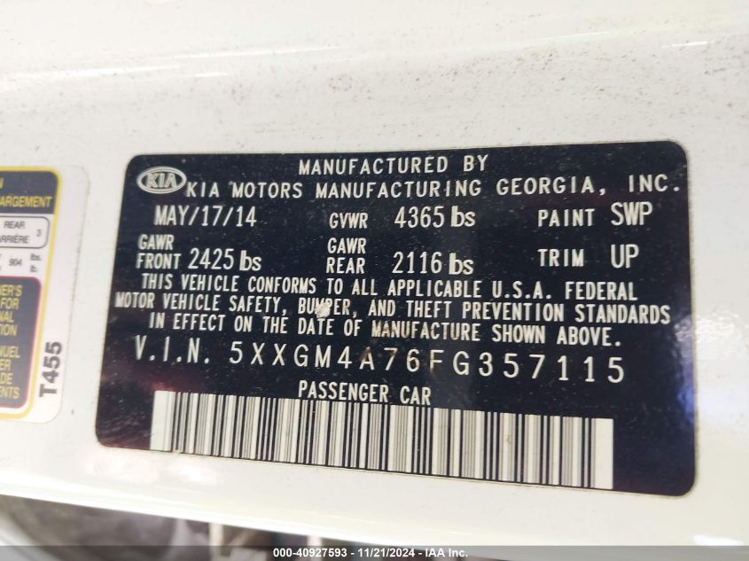 2015 Kia Optima Lx VIN: 5XXGM4A76FG357115 Lot: 40927593