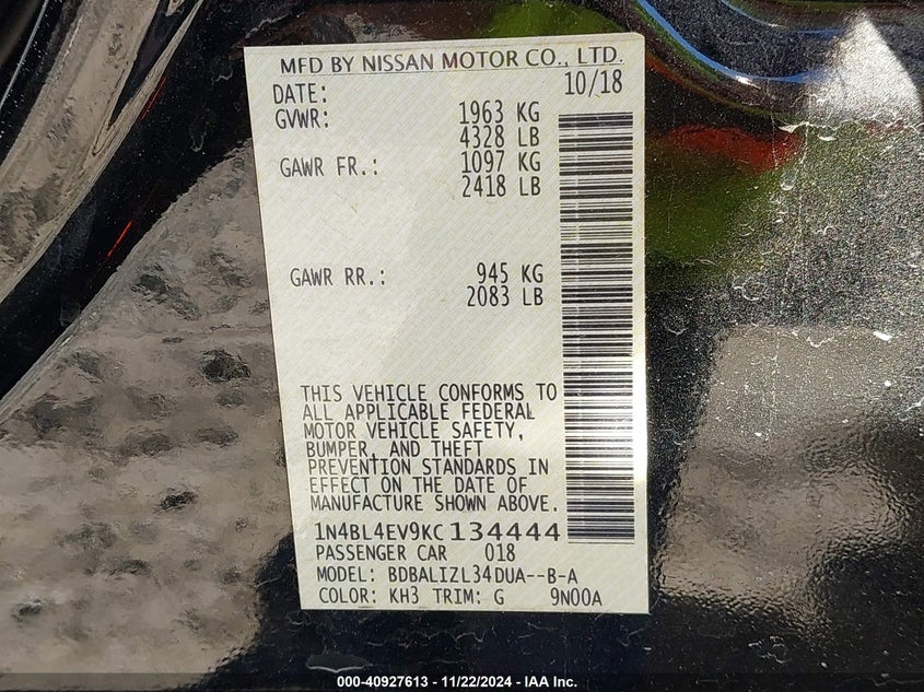 VIN 1N4BL4EV9KC134444 2019 NISSAN ALTIMA 2.5 SL