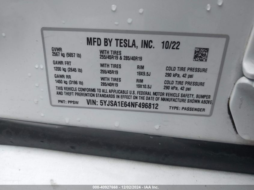 2022 Tesla Model S Plaid Tri Motor All-Wheel Drive VIN: 5YJSA1E64NF496812 Lot: 40927668