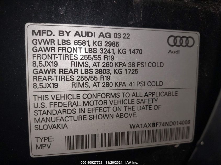 2022 Audi Q7 Premium 55 Tfsi Quattro Tiptronic VIN: WA1AXBF74ND014008 Lot: 40927728