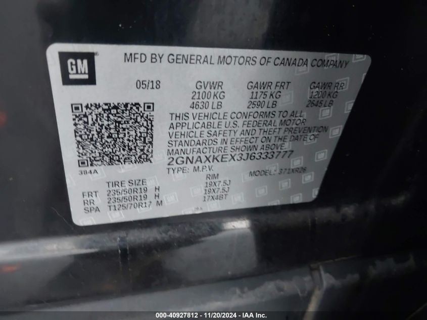 VIN 2GNAXKEX3J6333777 2018 CHEVROLET EQUINOX LT