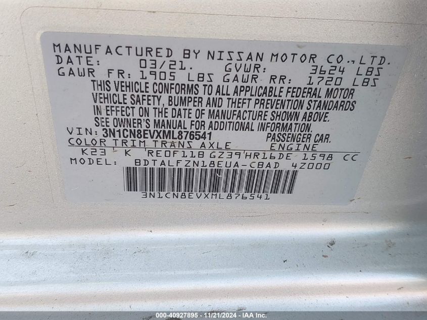 2021 Nissan Versa Sv Xtronic Cvt VIN: 3N1CN8EVXML876541 Lot: 40927895